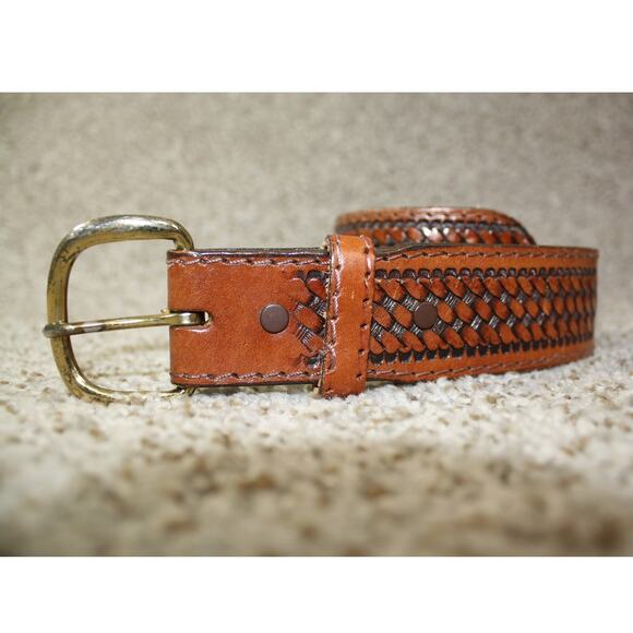 Vintage USA Made Tooled Leather Belt Men’s Size 40 Brown Basketweave Western - Picture 1 of 12